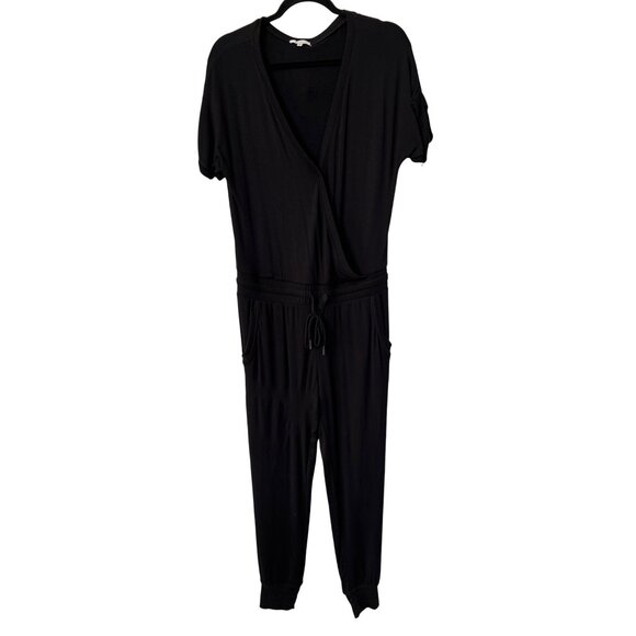 Z Supply Wrap Front Jumpsuit Size XS Jogger Style Short Sleeve Black Rayon Blend - Picture 2 of 8